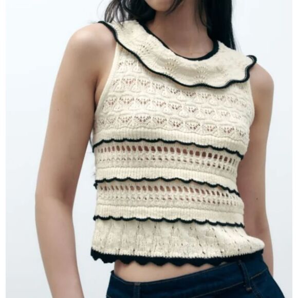Zara Tops - Zara Cottagecore Crochet Cream Ruffled Sleeveless Top Size Medium